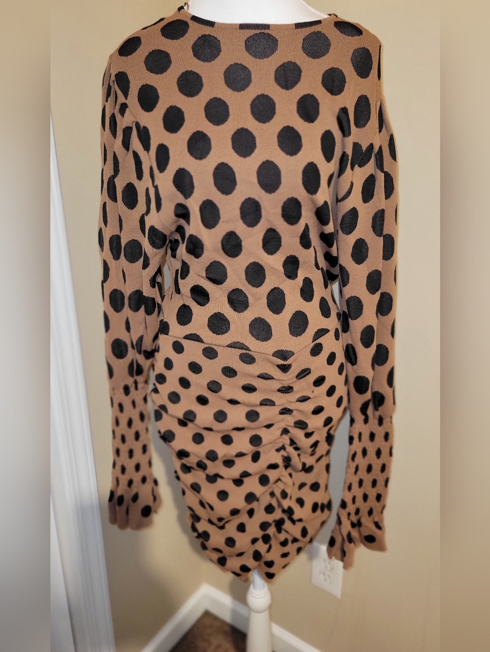 ZaraPolka Dot Ruched Long Sleeve Dress in Tan and Black
